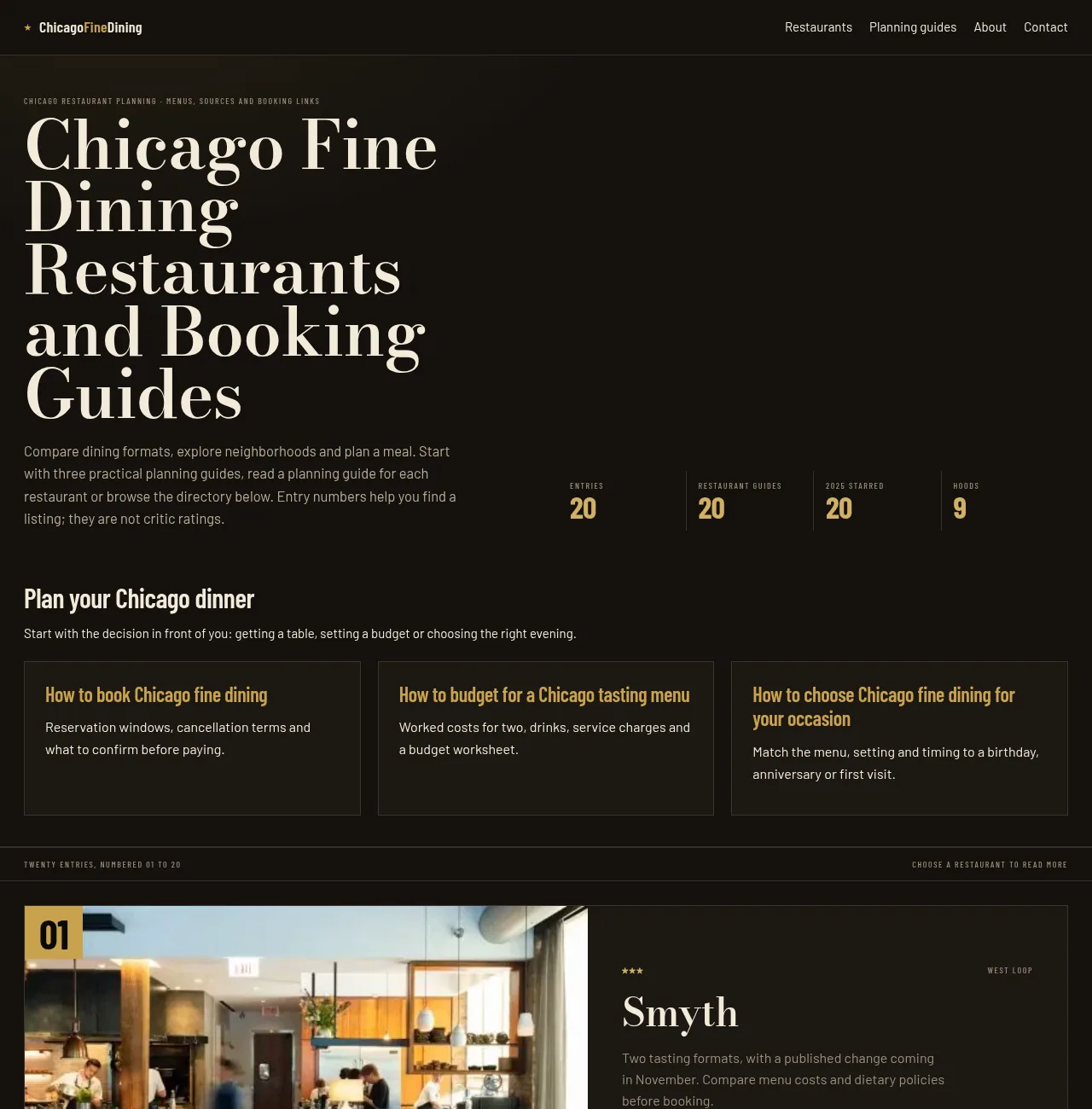 The Chicago Fine Dining homepage, a ranked guide to the city's twenty-five best restaurants.