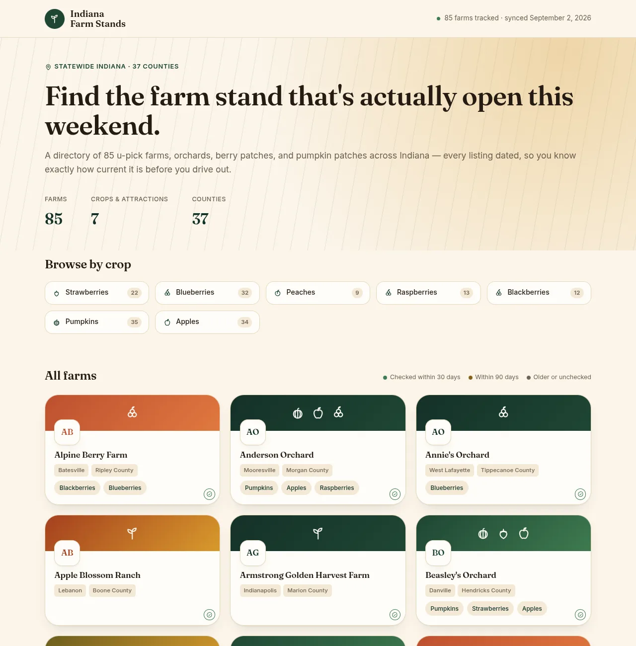 The Indiana Farm Stands homepage, a statewide directory of u-pick farms and orchards.
